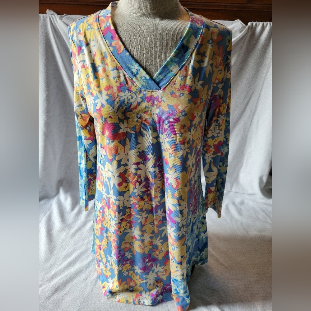 LOGO Lori Goldstein QVC Blue Orange Purple Floral Top Small - Picture 5 of 11